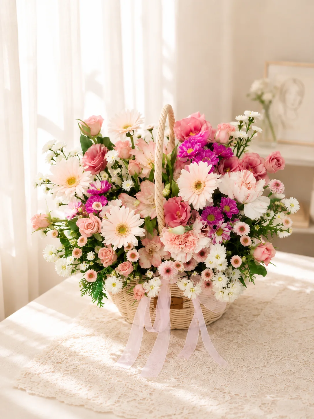 Large basket arrangement of pink gerberas, roses, carnations and small white daisies with sheer pink ribbons, on a lace tablecloth in window light