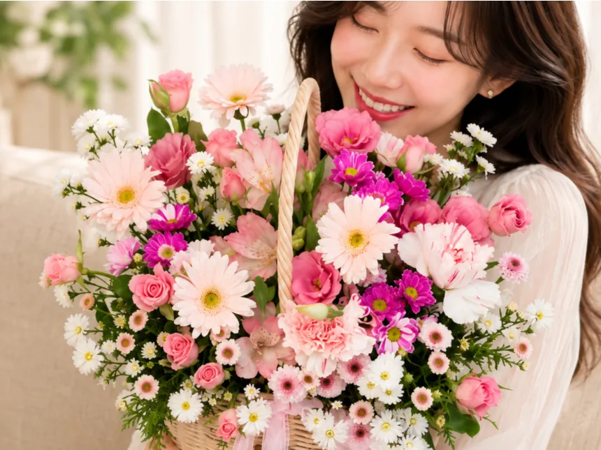 A woman smiling as she holds the flower basket close