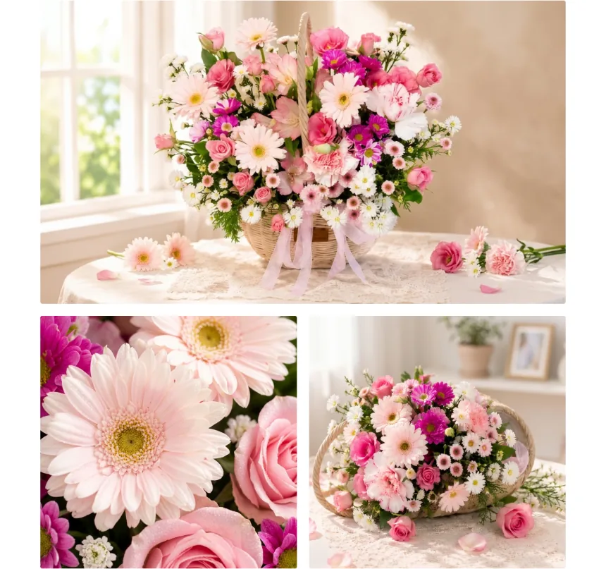 Three views: the basket on a table by a bright window, a close-up of a pale pink gerbera, and the basket seen from the side