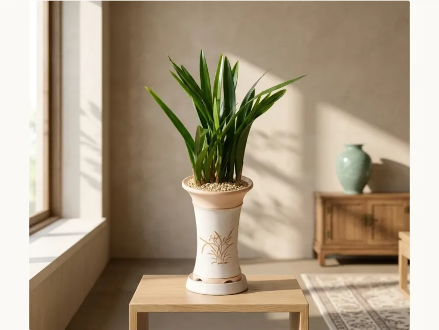 The orchid on a wooden stool beside a sunlit window in a living room