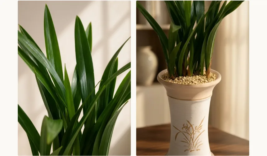 Close-up of the glossy green leaves beside a close-up of the ceramic pot with a gold orchid drawing