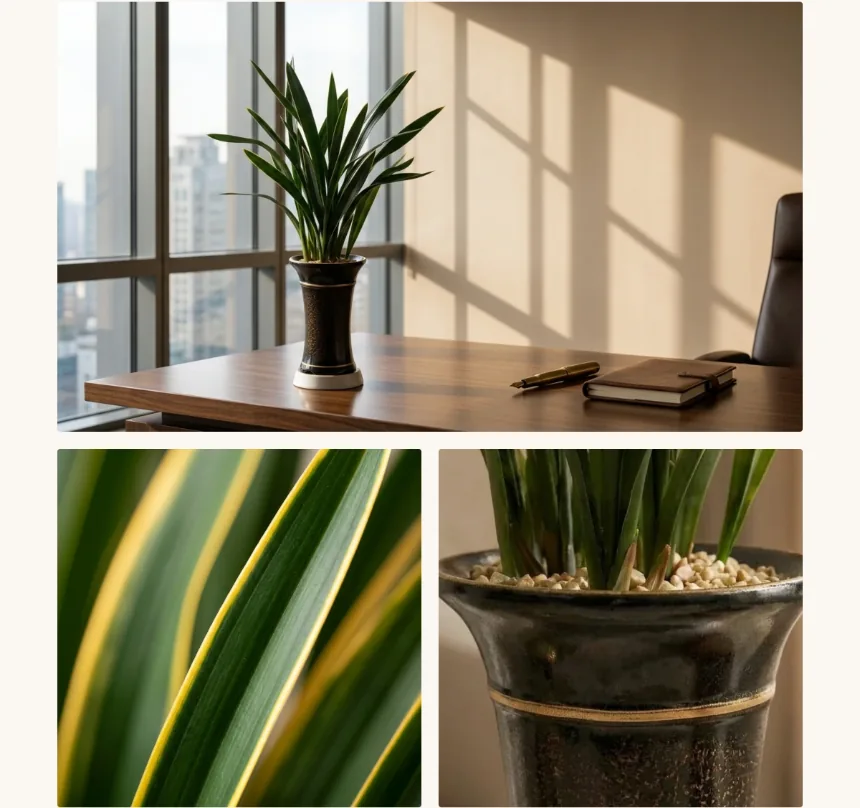 The orchid on a desk by an office window, with close-ups of the gold-edged leaves and the dark glazed pot