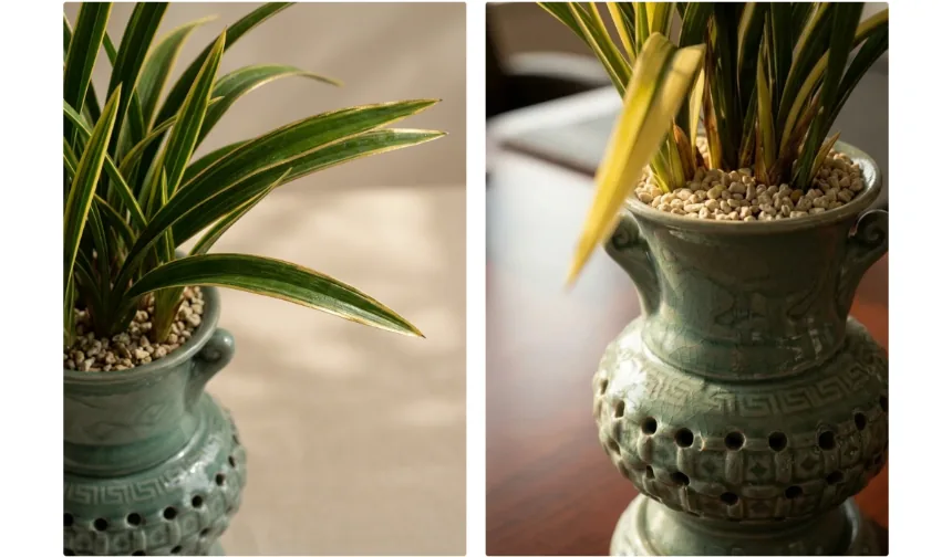 Two close-ups: the gold-edged leaf tips, and the pierced carving and scroll pattern on the celadon pot