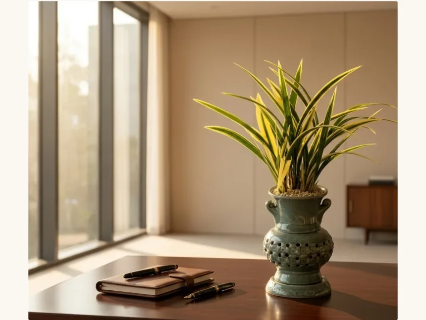 The potted orchid on a dark wooden desk in morning light from a tall window, beside a notebook and two pens