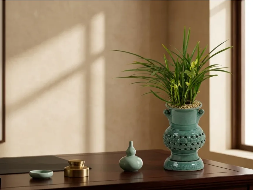 The potted orchid on a dark wooden console beside a small celadon vase and brass objects, in low afternoon light