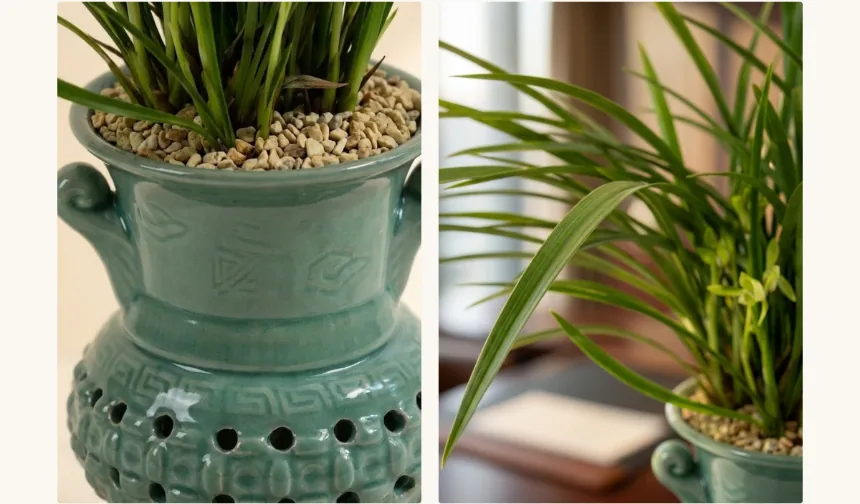 Close-up of the carved pot's neck and pierced bowl, next to a close-up of the arching green leaves and small flowers