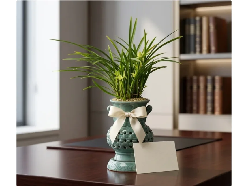 The potted orchid tied with a cream ribbon bow, a blank message card resting against the pot on a desk