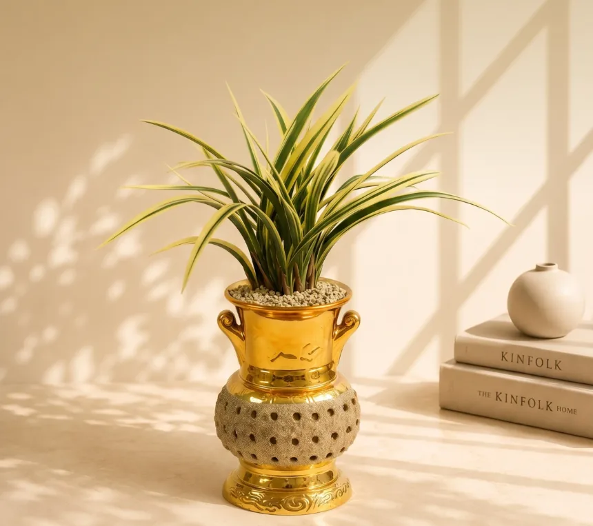 Oriental orchid with green and gold striped leaves in a gold ceramic pot beside books, sunlight on a beige wall