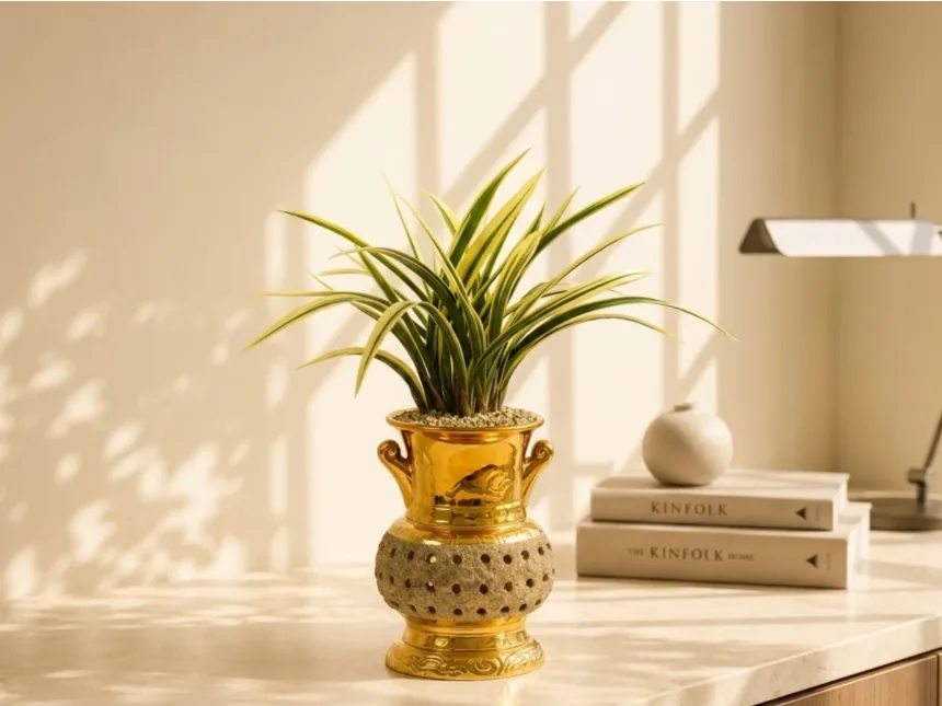 The orchid in its gold pot on a marble console beside stacked books and a desk lamp