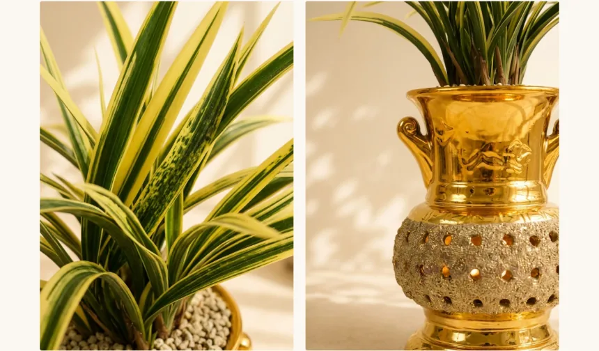 Close-up of the gold-edged leaves on the left and the carved openwork gold pot on the right