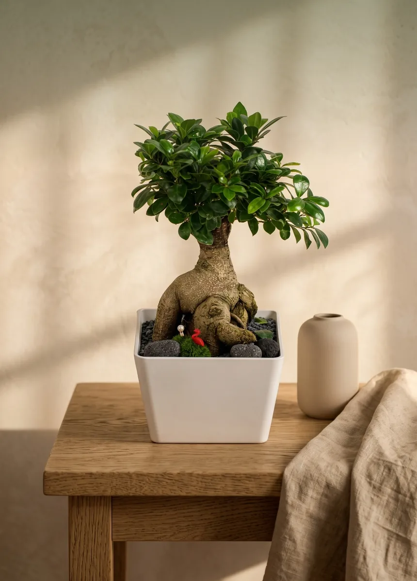 Ginseng ficus with a swollen root-like trunk and rounded green canopy in a white square pot on a wooden table