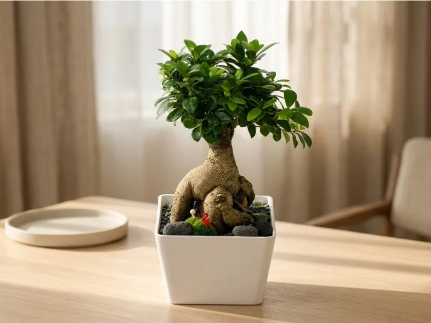 The ginseng ficus on a wooden table beside a pale ceramic dish, with a linen curtain behind