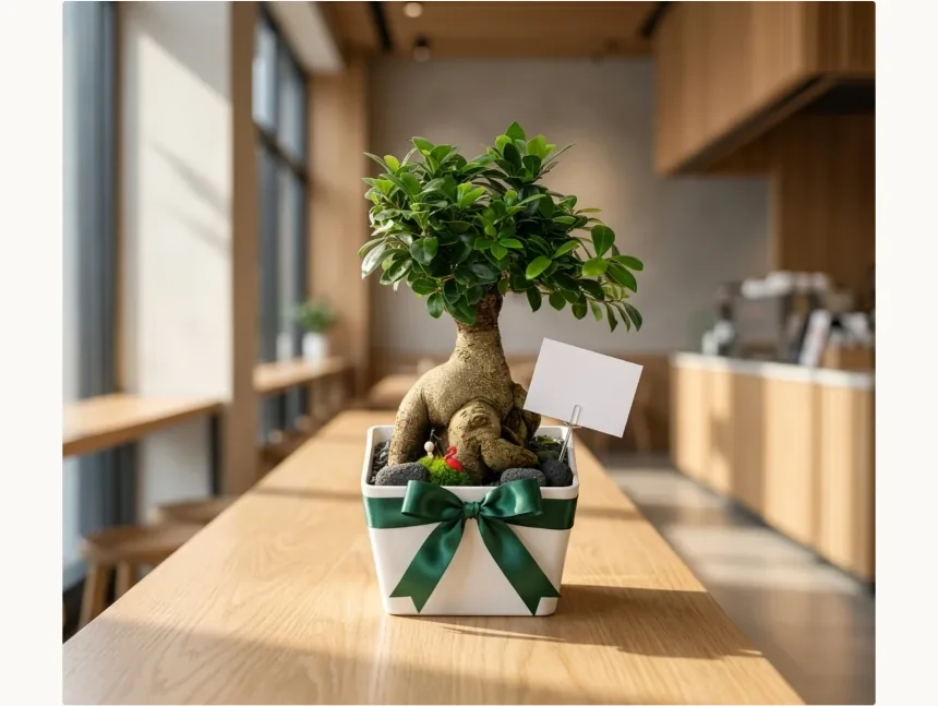 The ginseng ficus on a cafe counter with a green ribbon tied around the pot and a blank message card on a stand