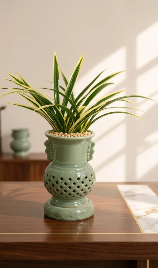 Oriental orchid with gold-edged leaves in a pierced celadon pot on a walnut desk in afternoon light
