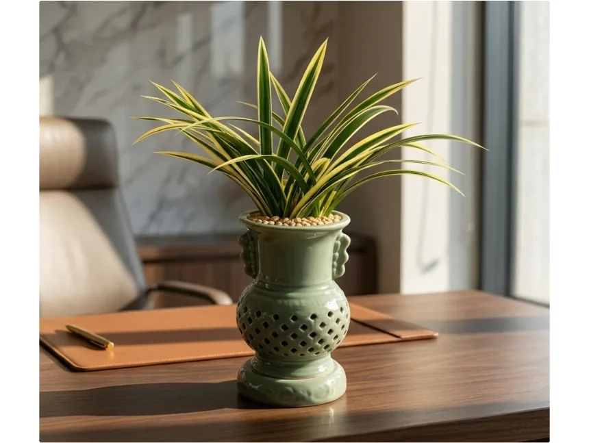 The orchid on a walnut desk beside a leather mat and pen, with a window behind