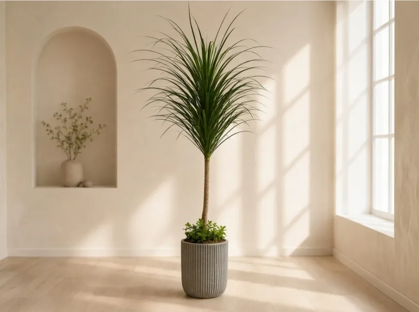 Cây Draco A đứng trong căn phòng tối giản đầy nắng bên cạnh hốc tường hình vòm