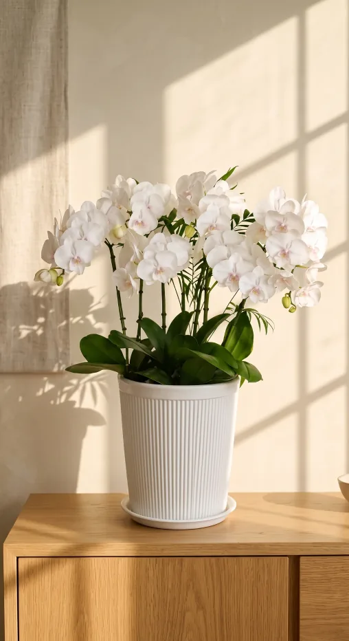 日差しの中、木製キャビネットの上、リブ入りの白い陶器鉢に植えた、弧を描く花茎が何本も伸びる白い胡蝶蘭