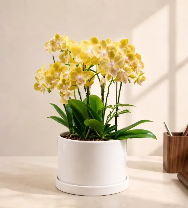 淡い色のデスクの上、木製のペン立ての横に置かれた、白い陶器鉢に小さな黄色い花をたくさん咲かせたミニ胡蝶蘭