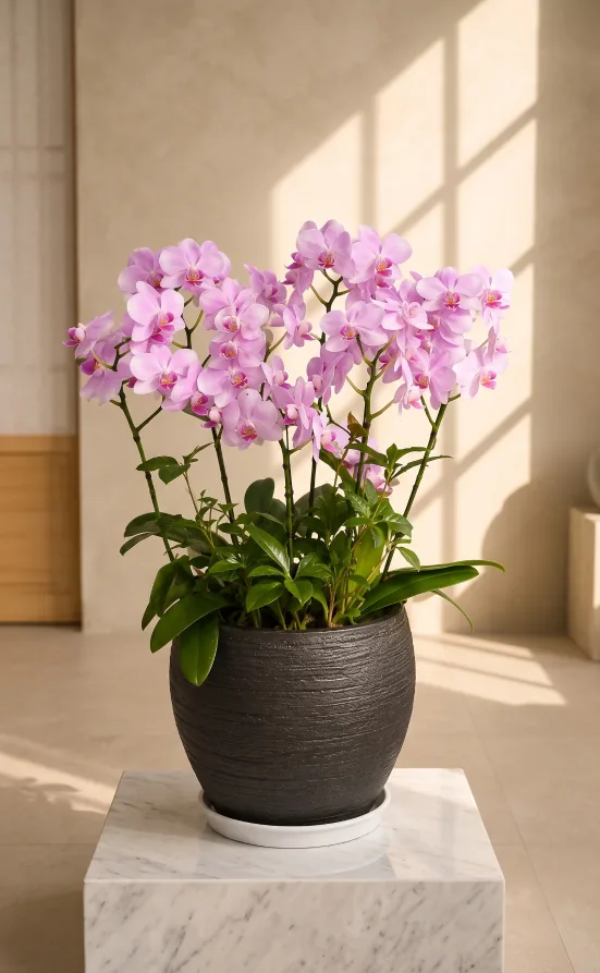 Lan hồ điệp hồng với nhiều hoa nhỏ trên cành cong, trong chậu gốm tròn đen có vân nổi trên bệ đá cẩm thạch dưới nắng