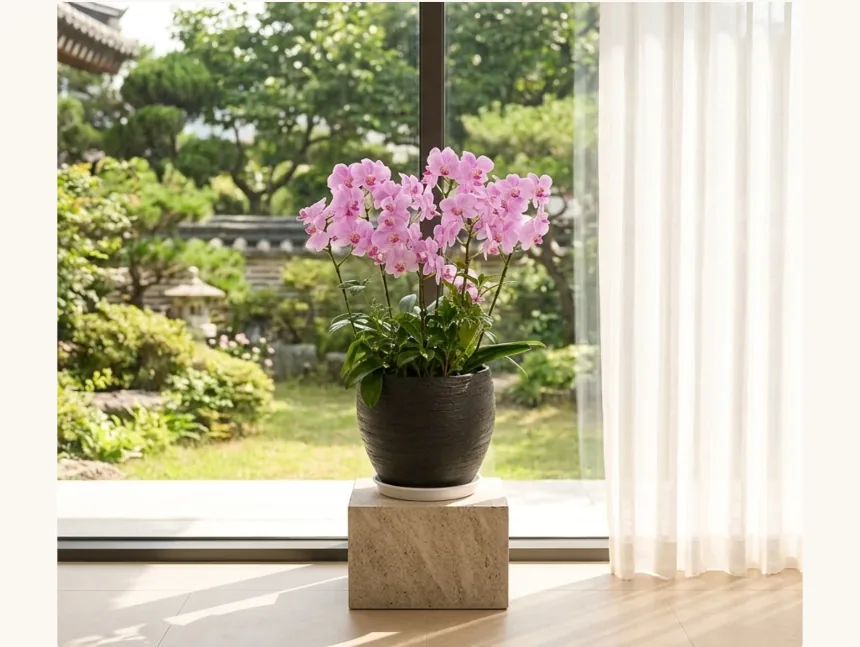Cây lan trên khối đá cạnh cửa sổ, bên ngoài có thể thấy khu vườn xanh và một chiếc đèn đá