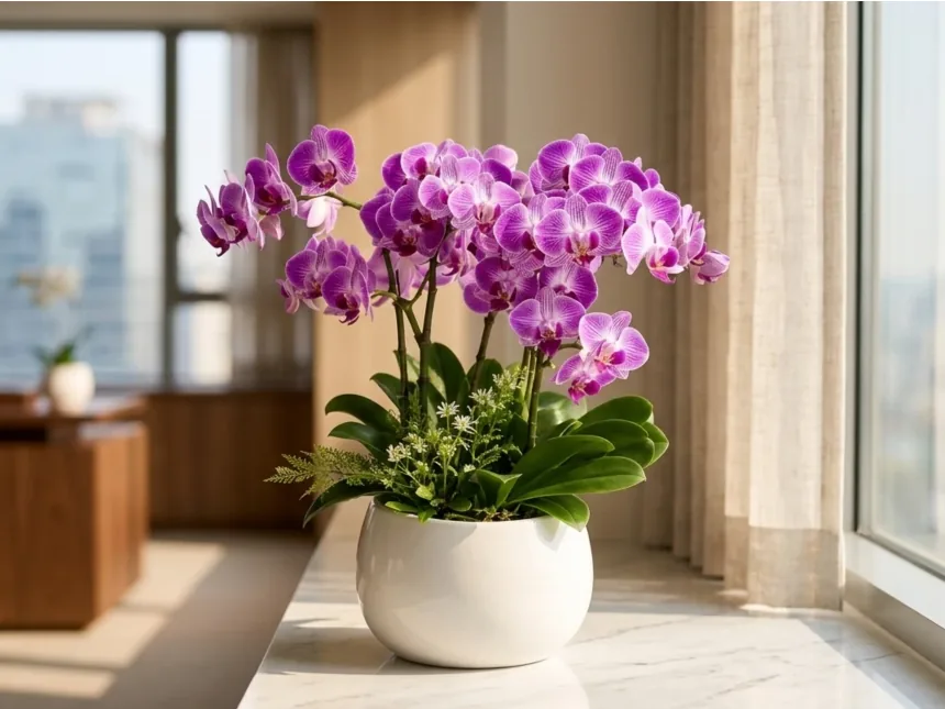 Purple Phalaenopsis orchid on a marble ledge beside a sunlit window in a living room