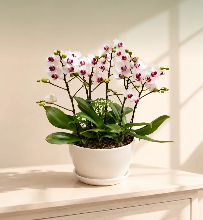 Lan hồ điệp trắng với tâm màu hồng đậm trong chậu gốm trắng tròn đặt trên tủ gỗ sáng màu