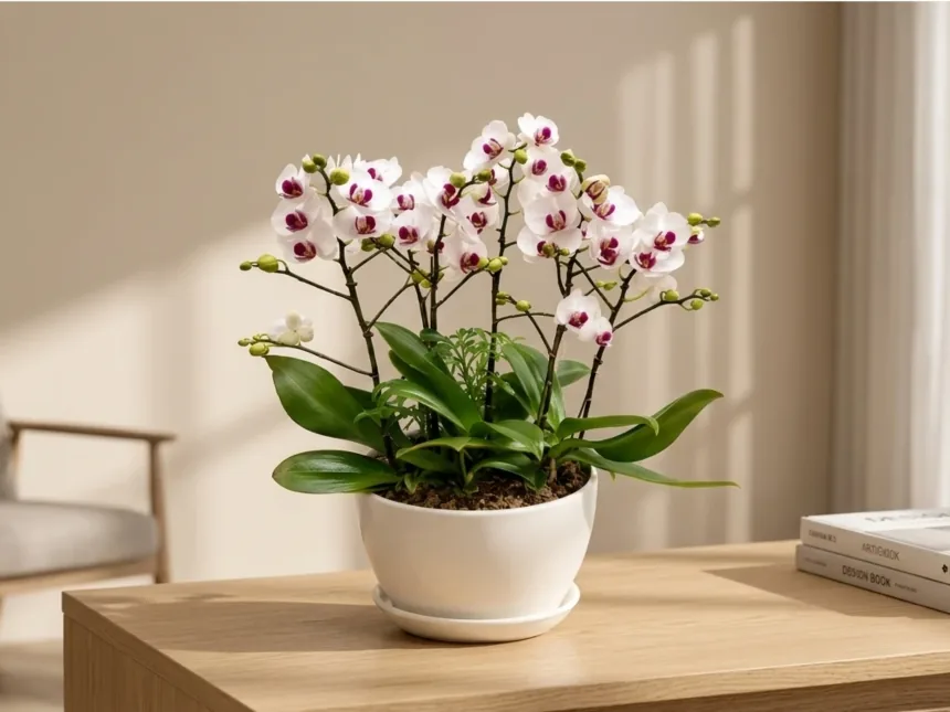 Lan hồ điệp trắng trên bàn gỗ bên cạnh một chồng sách