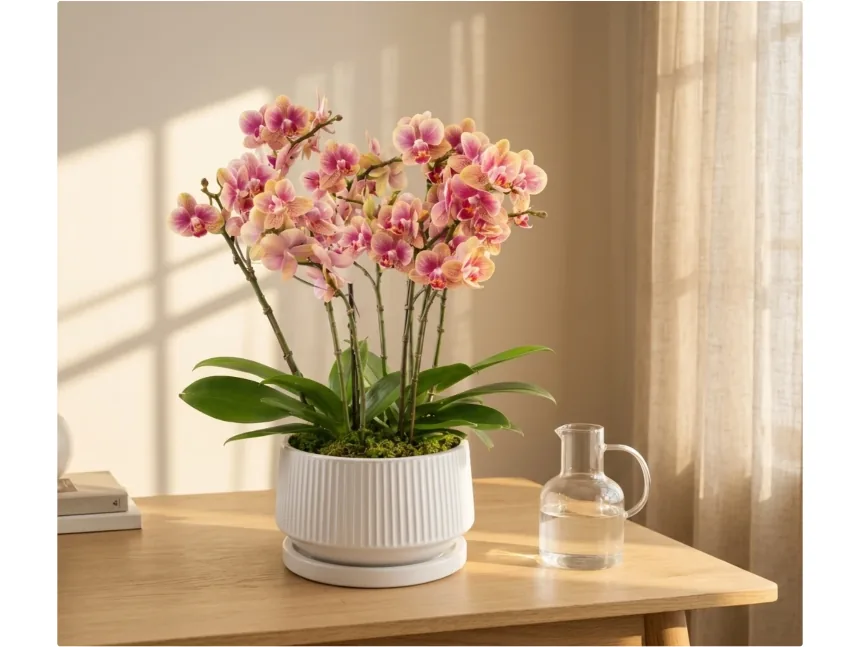 Lan Hoàng hôn sắc đào trên bàn gỗ bên cạnh bình thủy tinh, ánh nắng xuyên qua rèm vải lanh