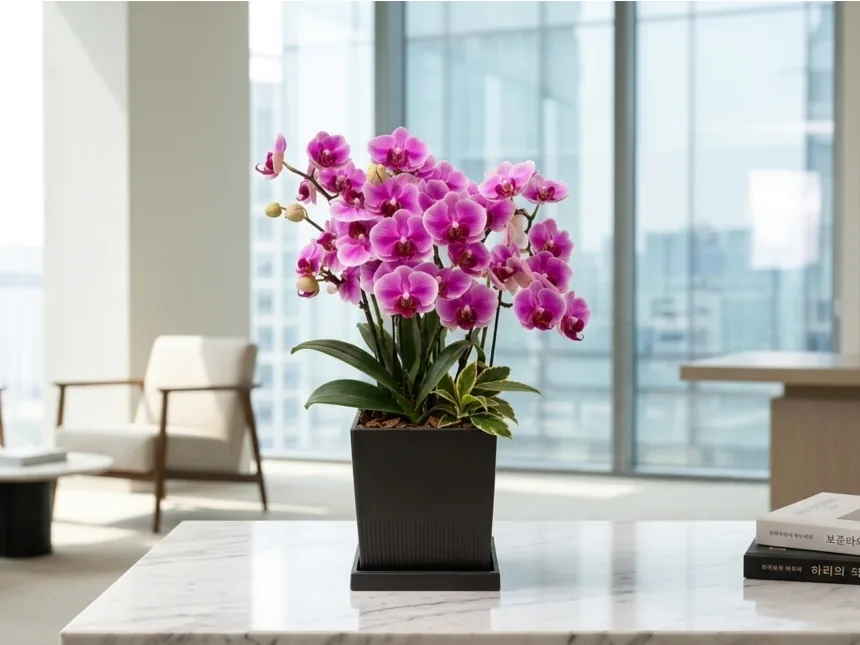 Lan hồng anh đào trong chậu vuông đen trên bàn đá cẩm thạch trong văn phòng sáng, phía sau là cửa sổ nhìn ra thành phố