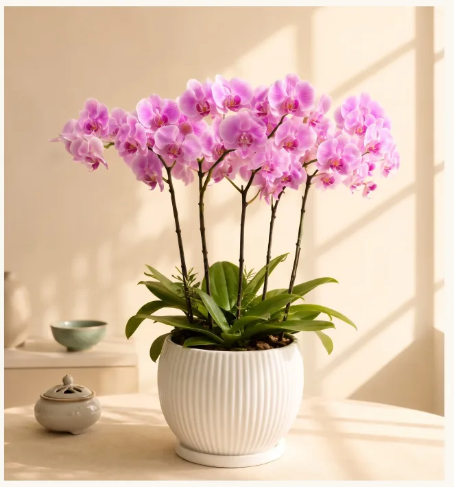 Pink phalaenopsis orchid with several arching spikes in a white ribbed ceramic pot on a sunlit table