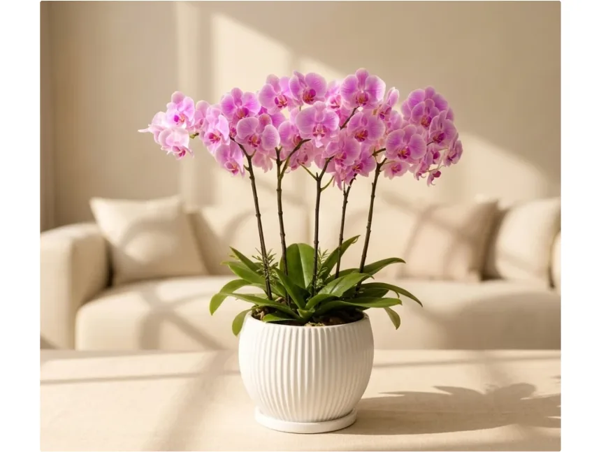 Pink phalaenopsis orchid on a low table in a bright living room with a pale sofa behind it