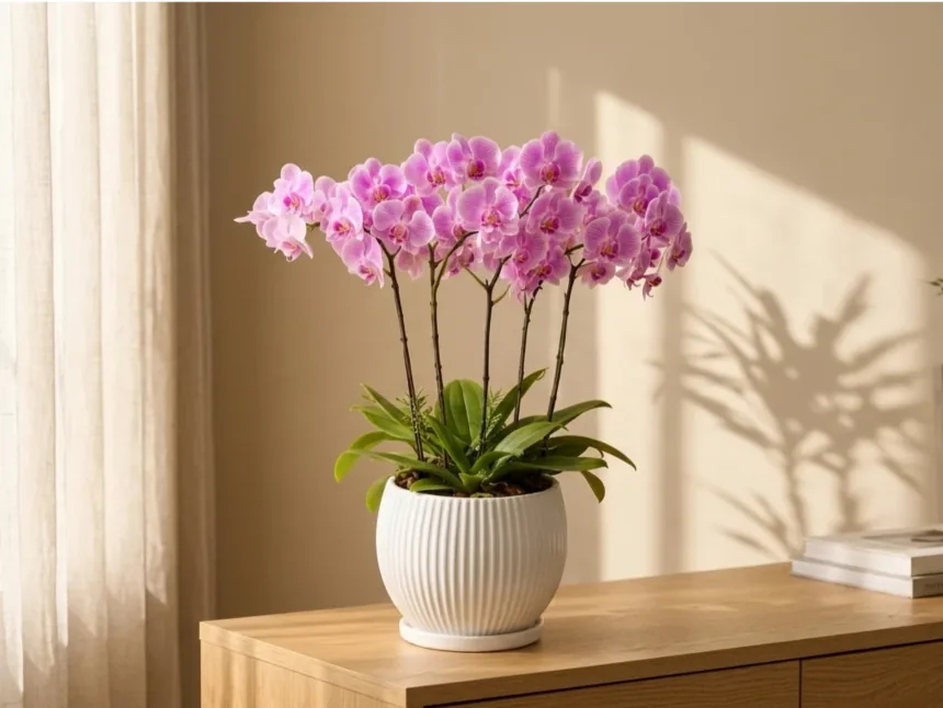 Pink phalaenopsis orchid on a wooden sideboard beside a linen curtain