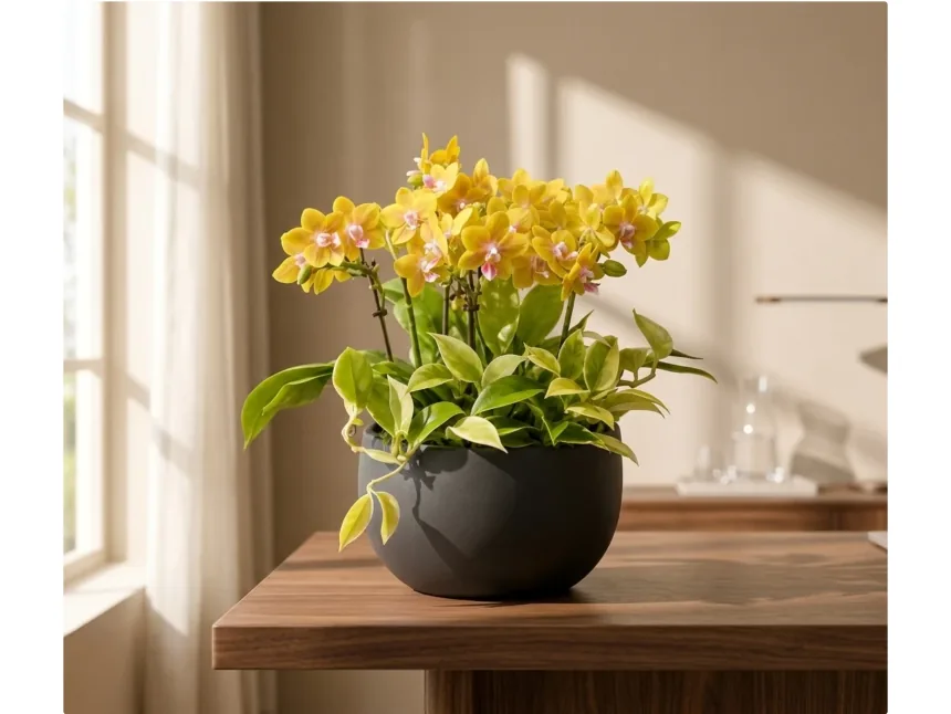 Yellow phalaenopsis in a black bowl on a walnut table beside a sunlit window
