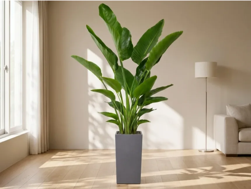 Bird of paradise in a grey pot in a living room with a floor lamp and white sofa