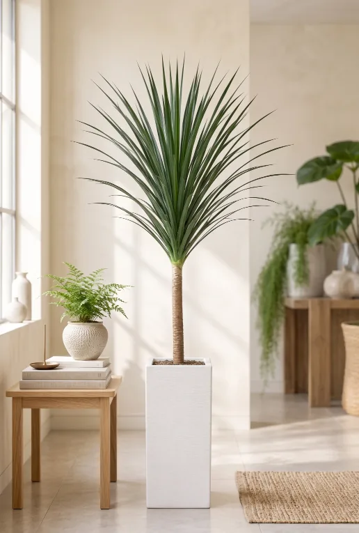 Dracaena draco với một thân vững chắc và chùm lá hẹp trong chậu vuông trắng cao bên cửa sổ