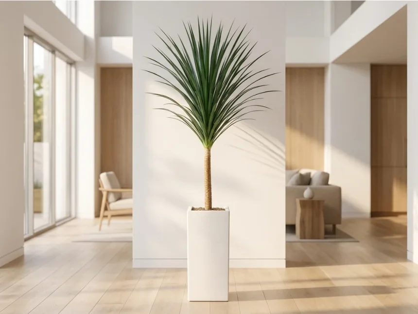 Dracaena draco trong hành lang hiện đại sáng với đồ nội thất gỗ