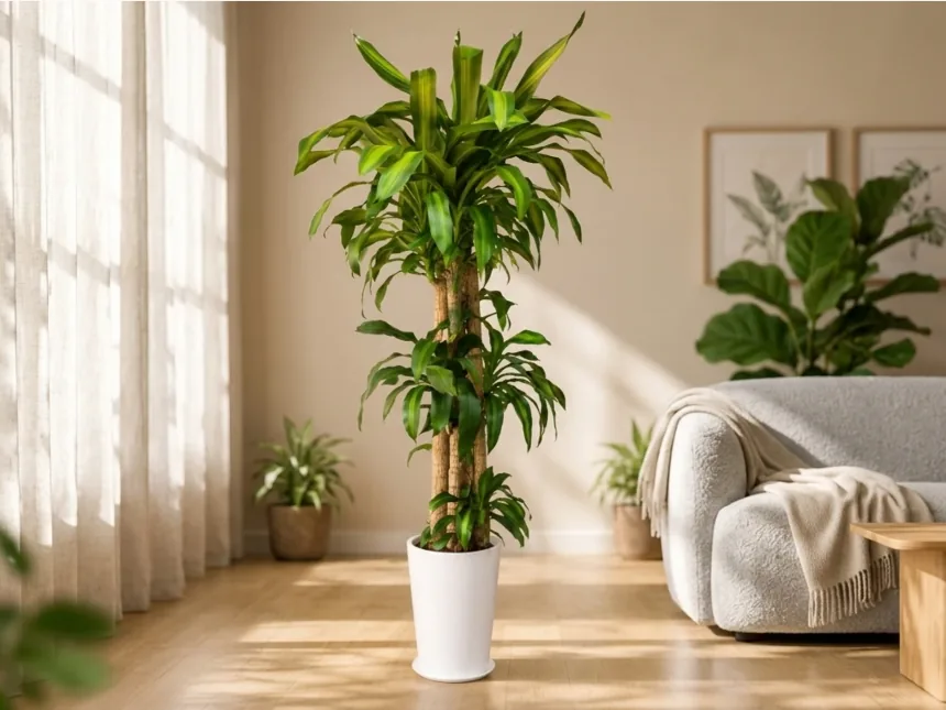 Dracaena fragrans lucky tree in a white pot beside a light gray sofa in a sunlit living room
