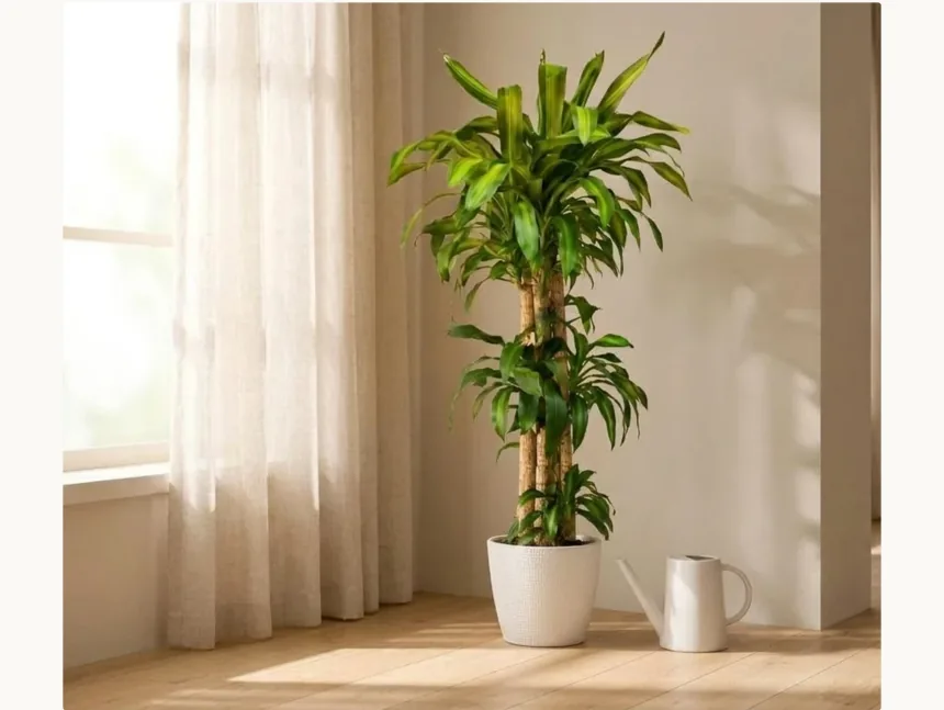 The lucky tree in a white pot beside a sunlit window with a white watering can on the floor