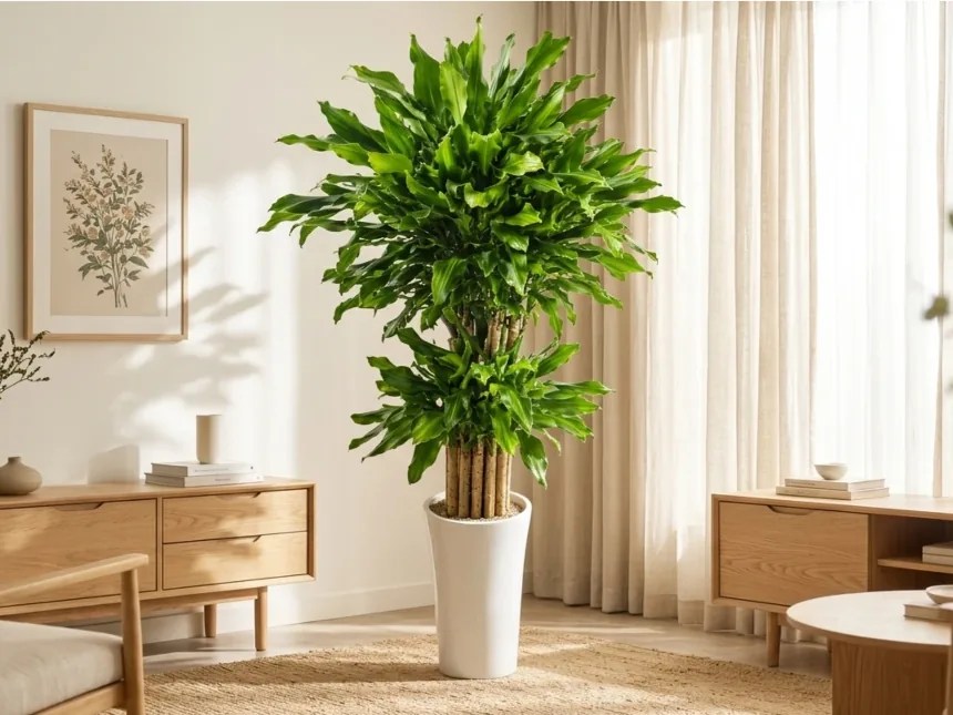 Golden lucky bamboo in a white pot between wooden cabinets in a living room