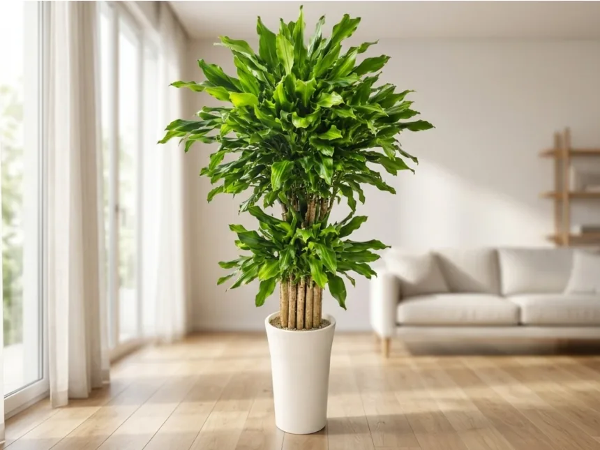 Golden lucky bamboo in a bright room with a white sofa