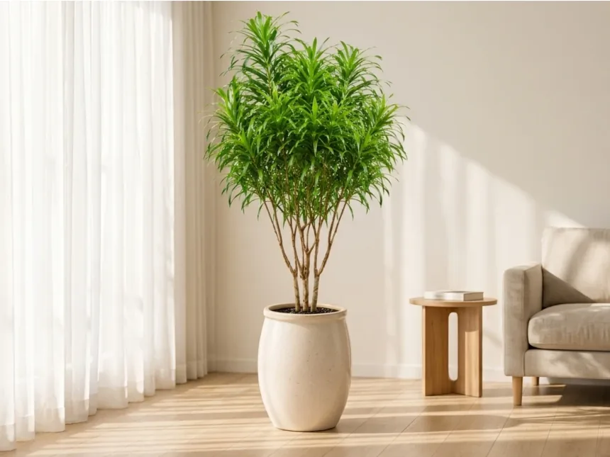 Dracaena Java by sheer curtains next to a beige sofa and side table