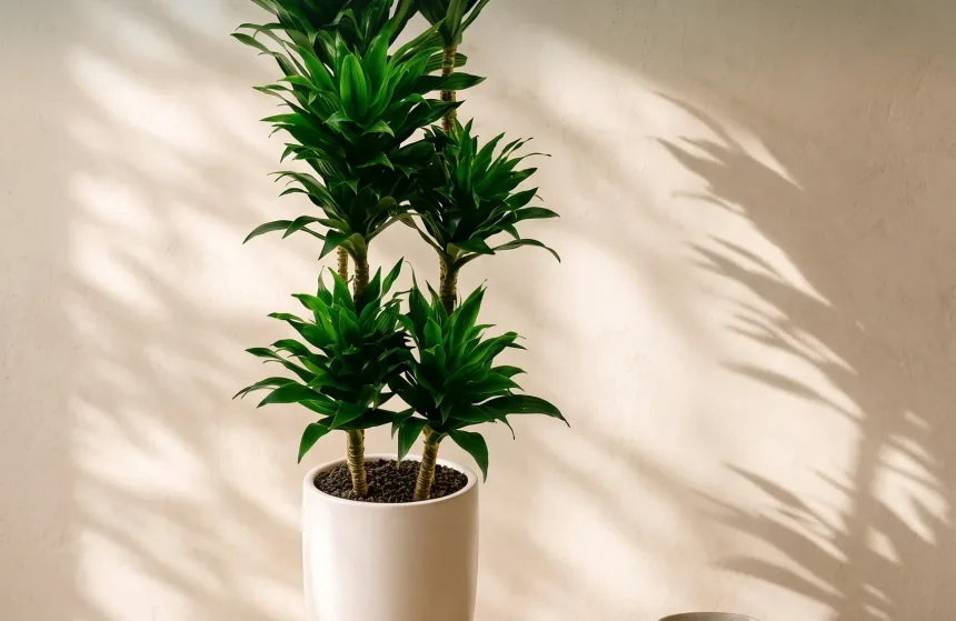 Dracaena Compacta với các tầng hoa thị xanh đậm trong chậu gốm trắng trước bức tường màu be ấm