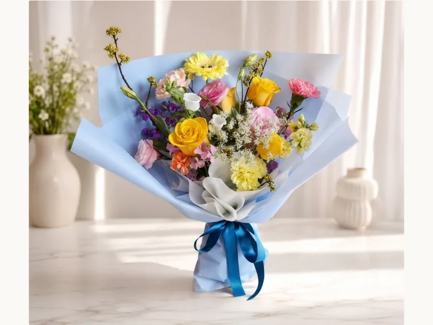 Bouquet of yellow roses, gerbera daisies and pink carnations wrapped in sky-blue paper with a blue ribbon