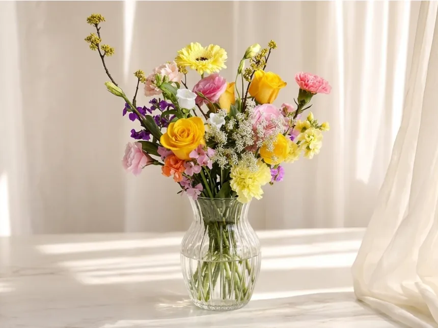 The yellow and pink bouquet arranged in a clear glass vase by a curtained window