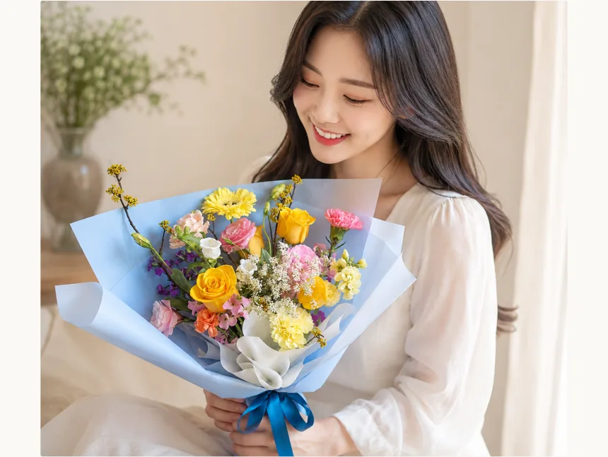 Woman smiling while holding the sky-blue wrapped bouquet