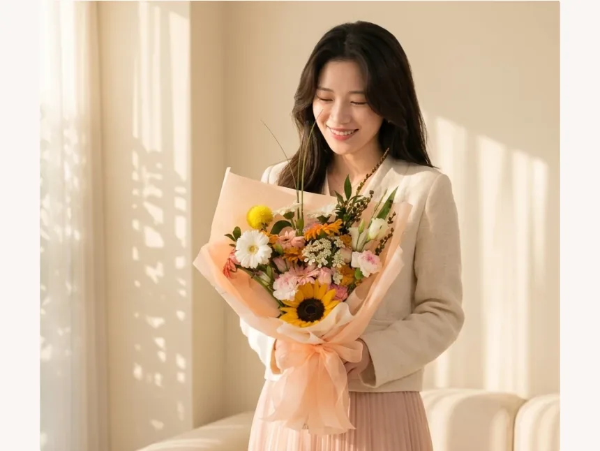 Một cô gái mỉm cười khi cầm bó hoa hướng dương trong nhà