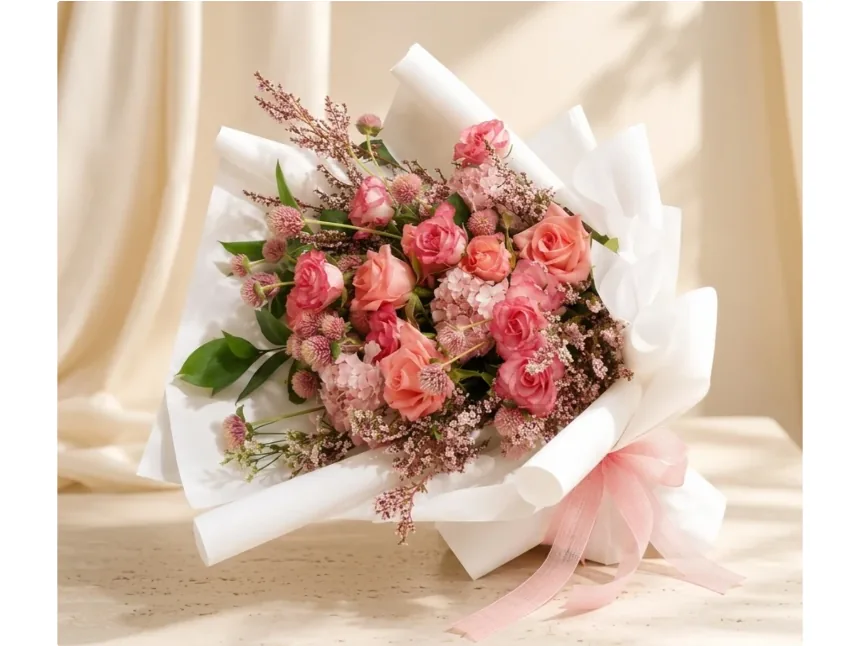 Bó hoa hồng hồng, cẩm tú cầu và hoa dại hồng gói giấy trắng với ruy băng hồng