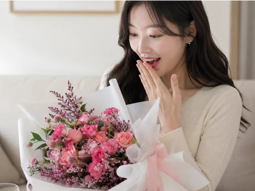 Một cô gái ngạc nhiên mỉm cười khi nhận bó hoa hồng