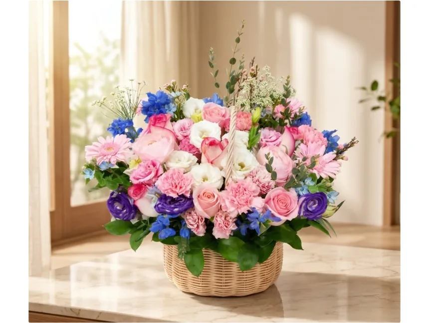 Hoa hồng hồng, trắng và tím, cát tường, cúc đồng tiền và phi yến trong giỏ mây đan