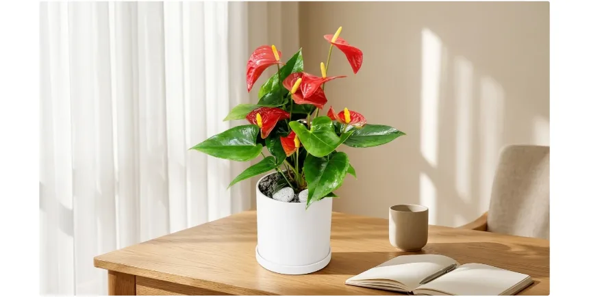 Anthurium plant with glossy green leaves and red flowers in a white pot on a wooden desk in front of sheer curtains and a beige sofa